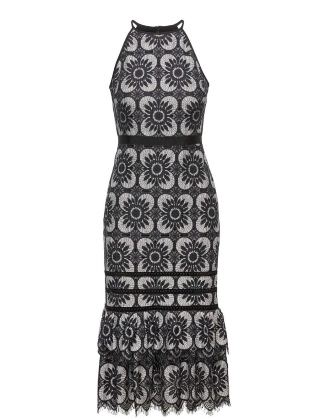 Banana Republic Black and White Floral Lace Halter Midi Ruffle Mermaid Dress
